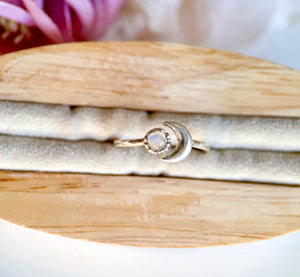 Sun & Crescent Moon Adjustable Sterling Ring  || Moonstone