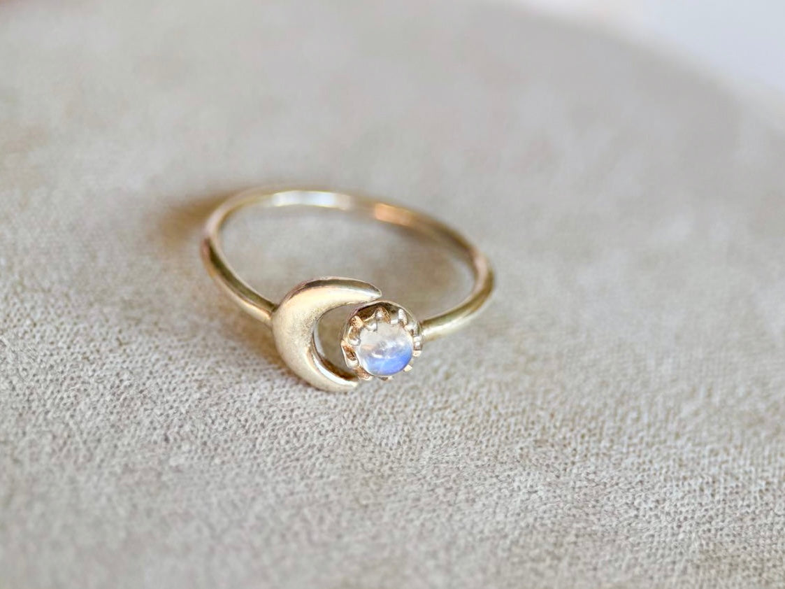 Sun & Crescent Moon Adjustable Sterling Ring  || Moonstone