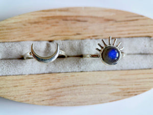 Sunburst & Crescent Moon Stack Sterling Ring || Labradorite