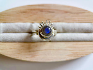 Sunburst & Crescent Moon Stack Sterling Ring || Labradorite