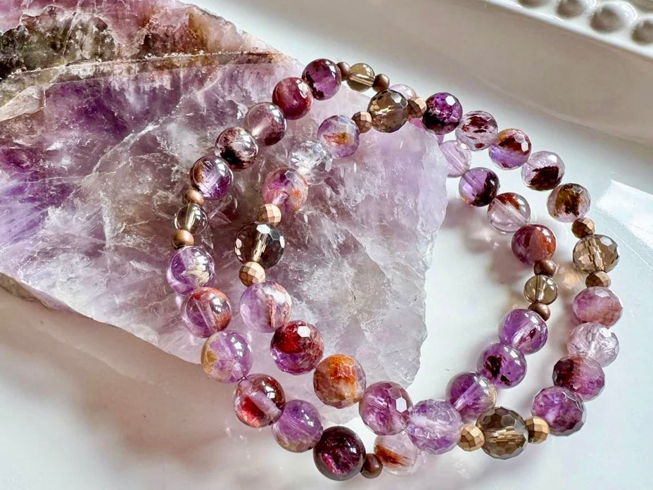 Super 7 & Smoky Quartz Beaded Bracelet || Reiki Infused