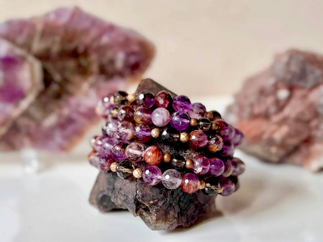 Super 7 & Smoky Quartz Beaded Bracelet || Reiki Infused