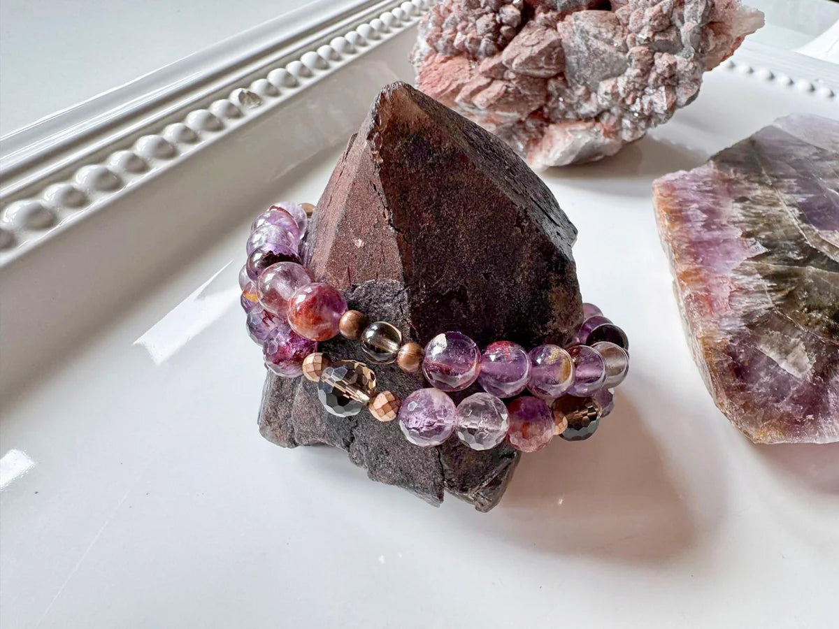 Super 7 & Smoky Quartz Beaded Bracelet || Reiki Infused
