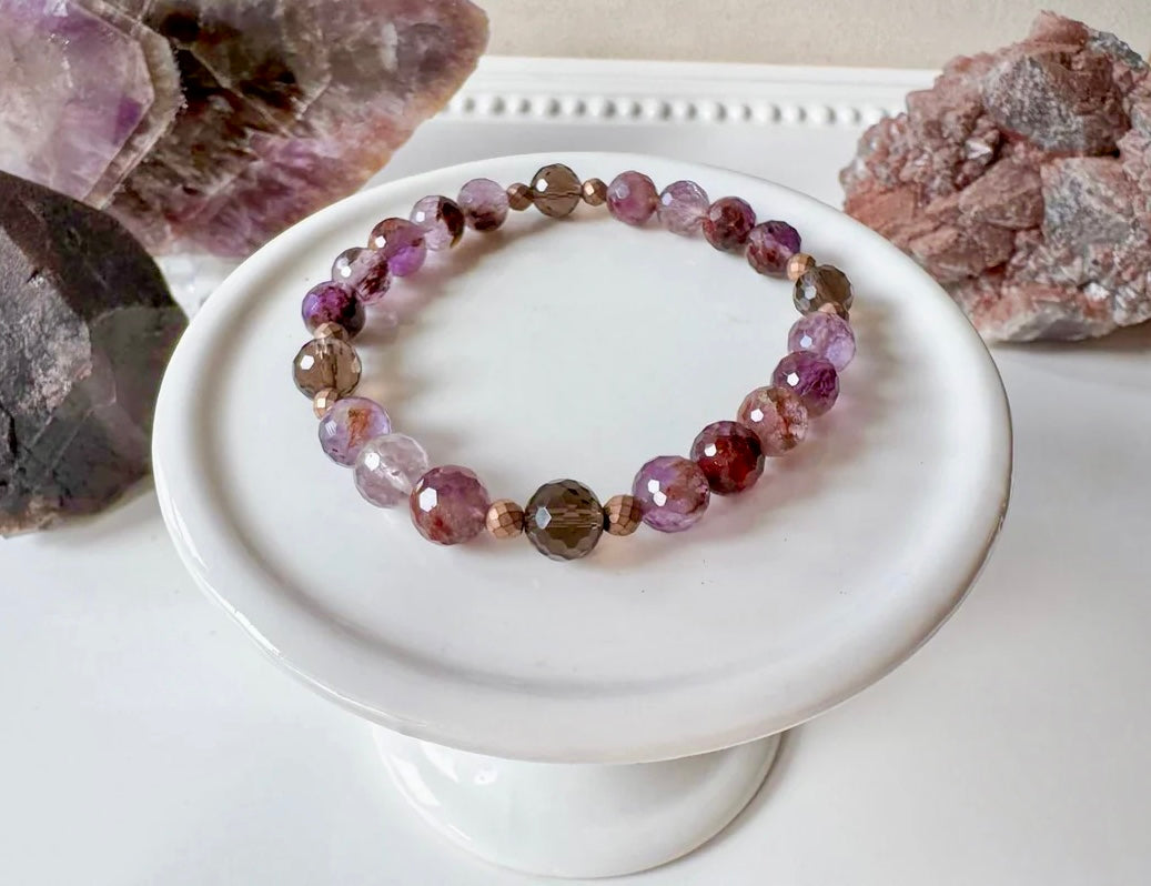Super 7 & Smoky Quartz Beaded Bracelet || Reiki Infused - Faceted