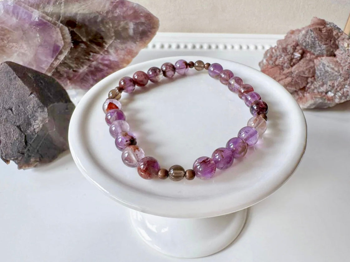 Super 7 & Smoky Quartz Beaded Bracelet || Reiki Infused - Smooth