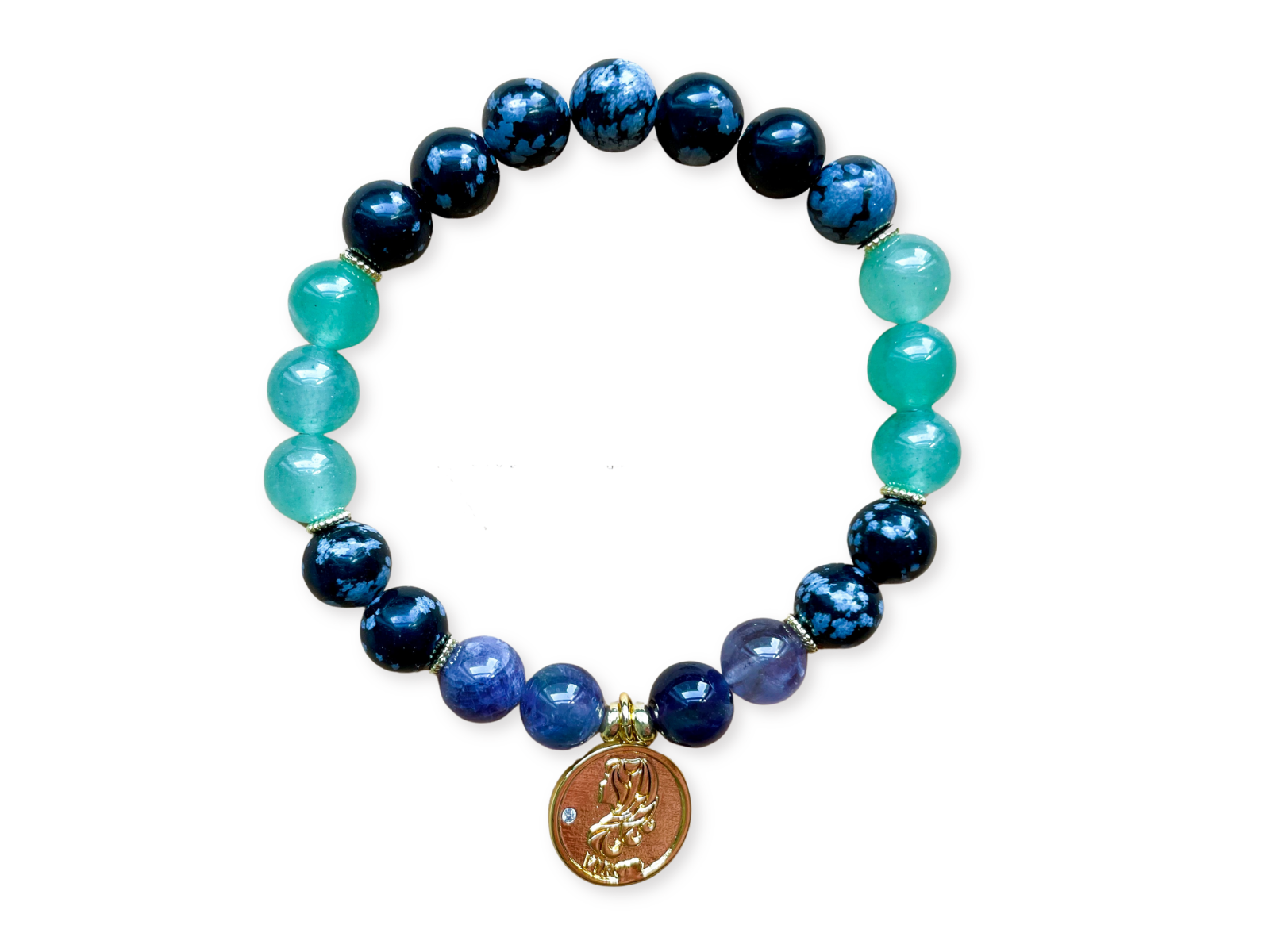VIRGO GOLD EDITION Snowflake Obsidian, Green Aventurine, Amethyst Beaded Bracelet || Reiki Infused