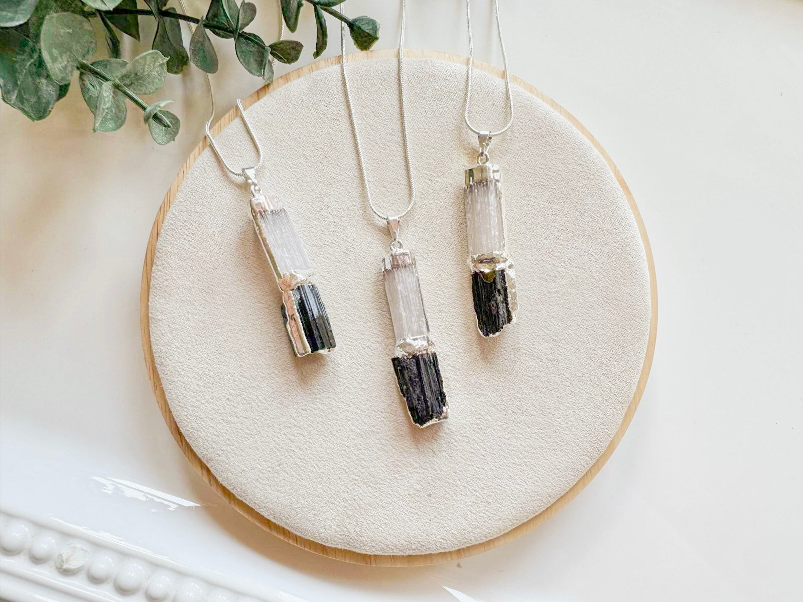Vertical Bar Selenite & Tourmaline Silver Dipped Pendant Necklace