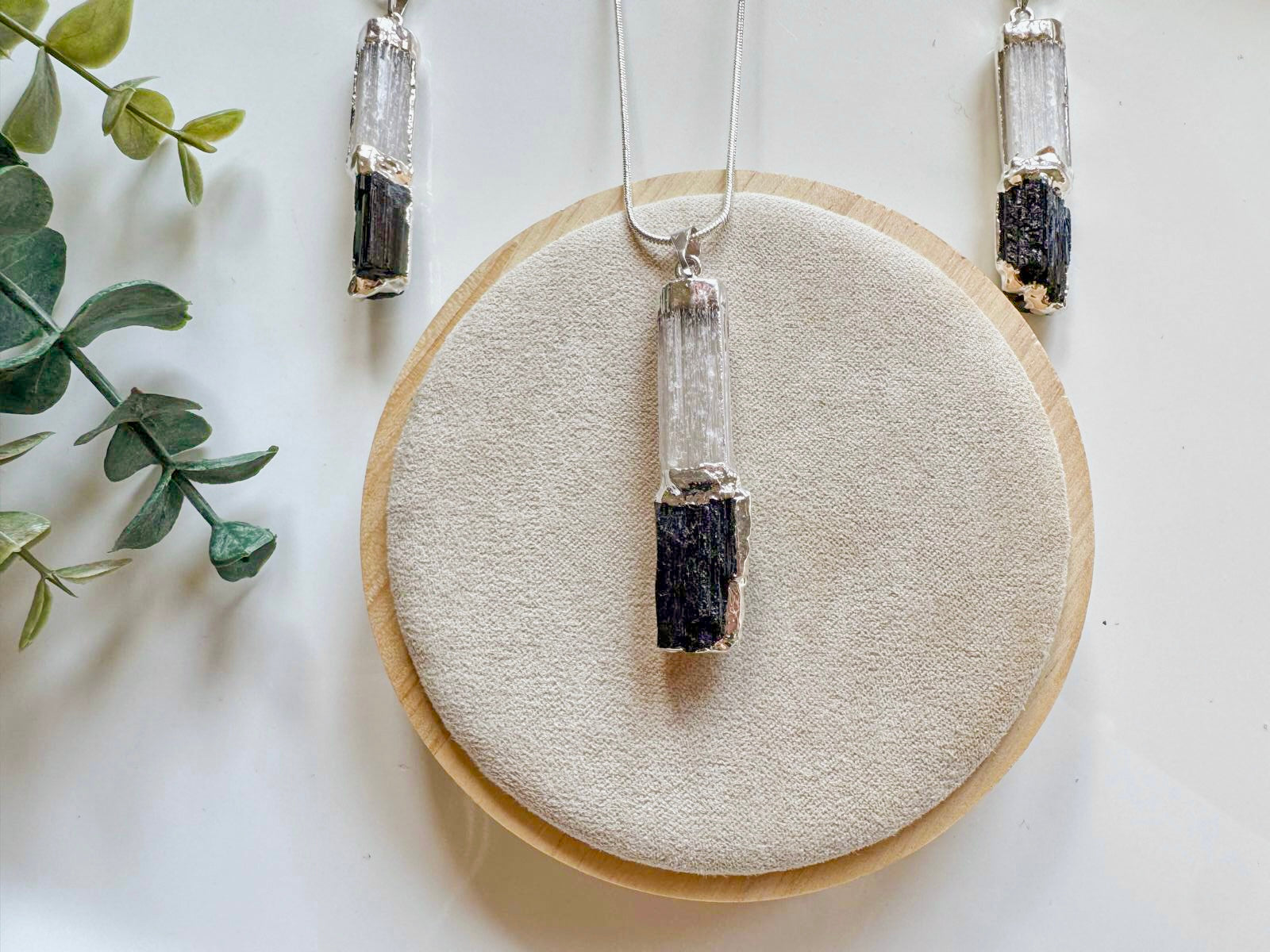 Vertical Bar Selenite & Tourmaline Silver Dipped Pendant Necklace
