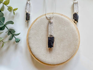 Vertical Bar Selenite & Tourmaline Silver Dipped Pendant Necklace