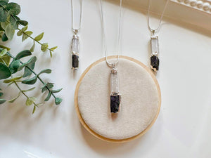 Vertical Bar Selenite & Tourmaline Silver Dipped Pendant Necklace