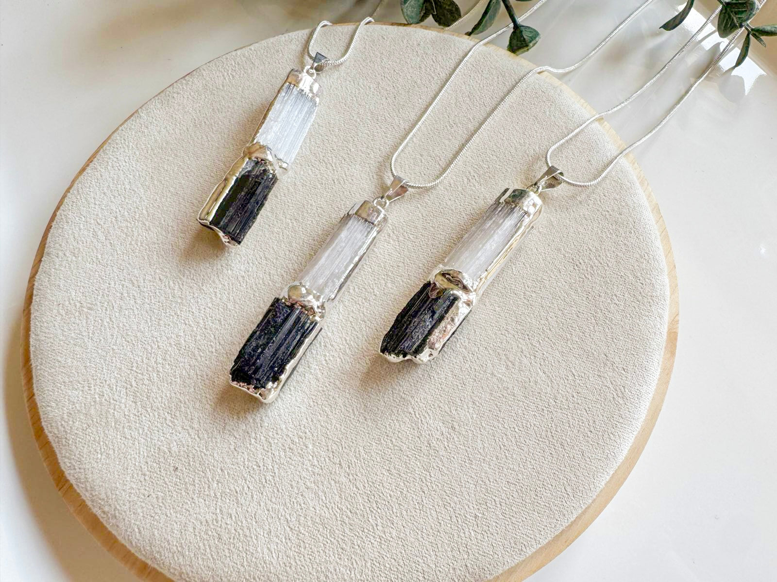 Vertical Bar Selenite & Tourmaline Silver Dipped Pendant Necklace