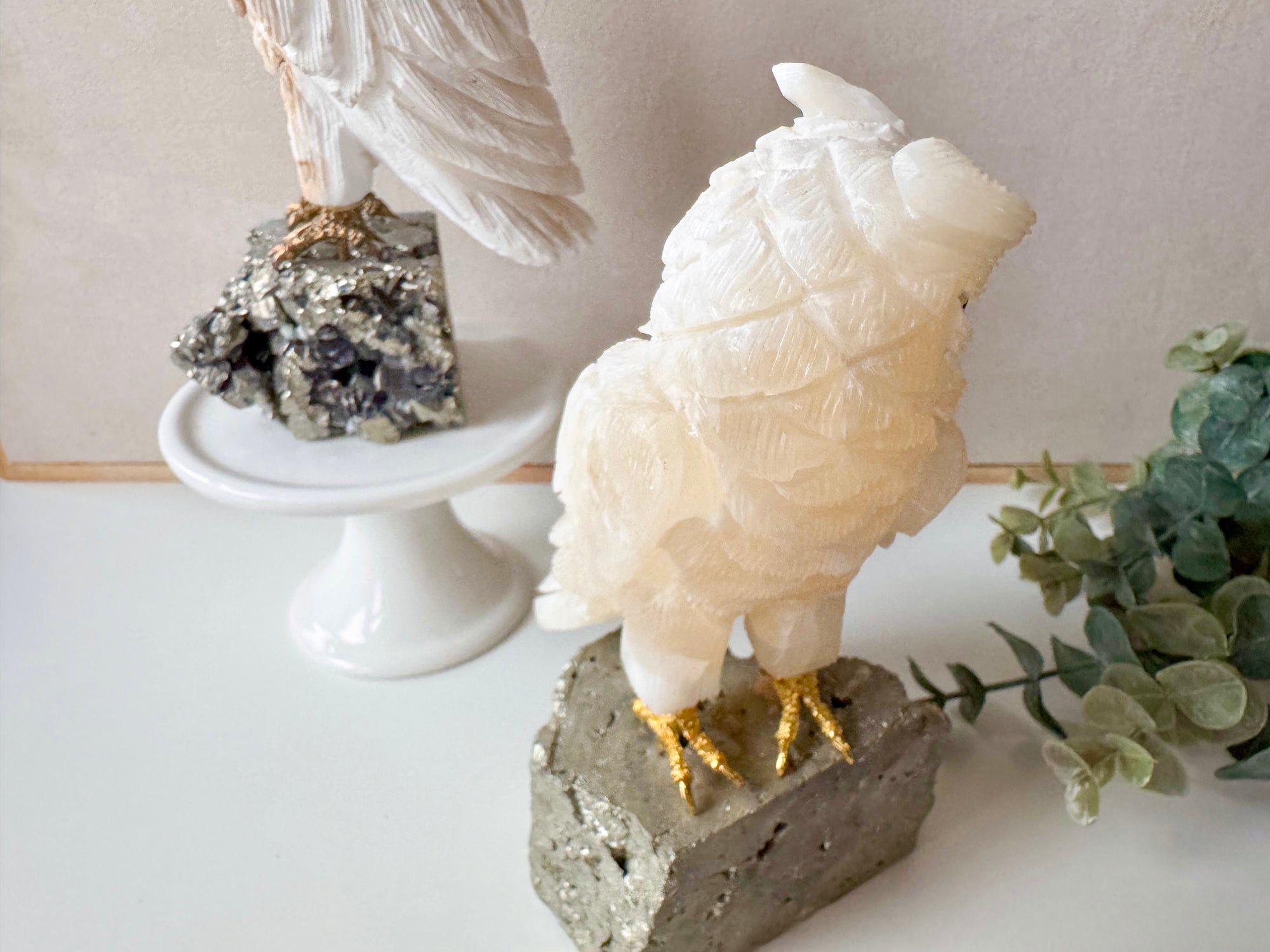 White Calcite Owl on Pyrite Base || Peru