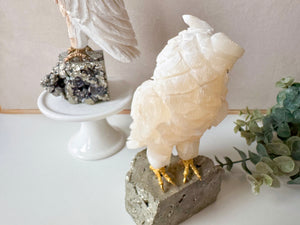 White Calcite Owl on Pyrite Base || Peru