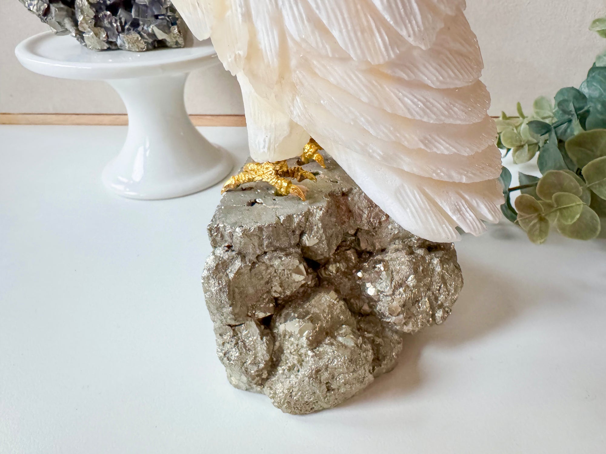 White Calcite Owl on Pyrite Base || Peru