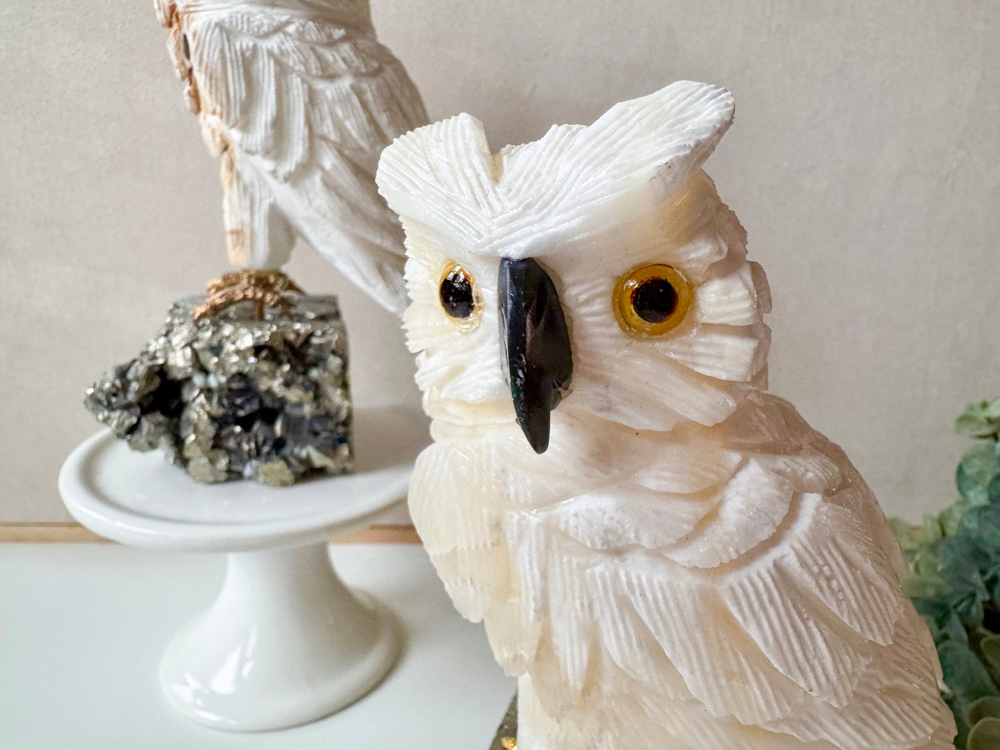 White Calcite Owl on Pyrite Base || Peru