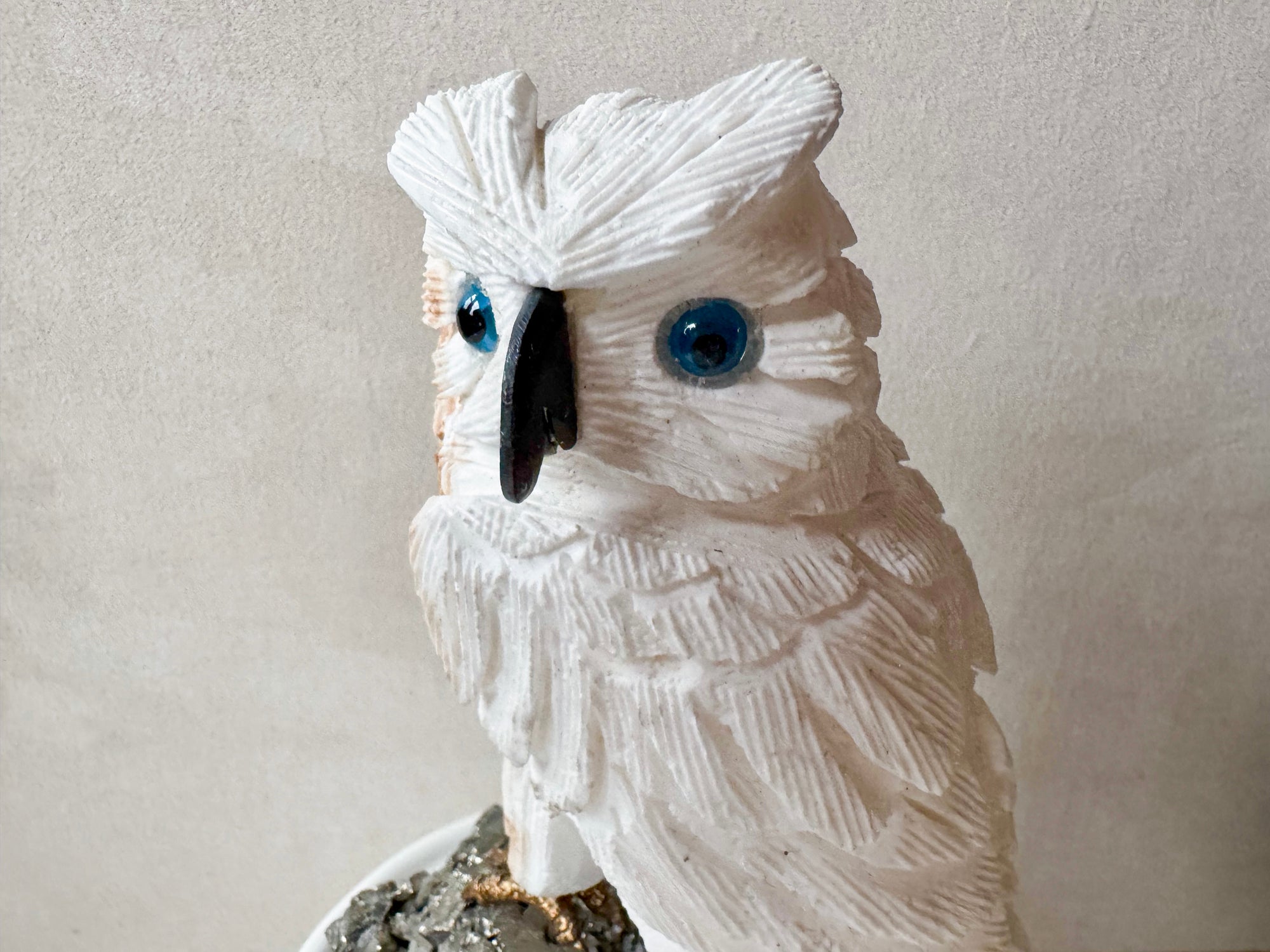 White Calcite Owl on Pyrite Base || Peru