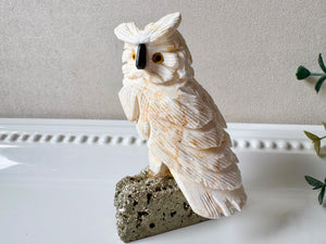 White Calcite Owl on Pyrite Base Small || Peru