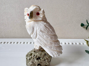 White Calcite Owl on Pyrite Base Small || Peru