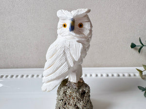 White Calcite Owl on Pyrite Base Small || Peru