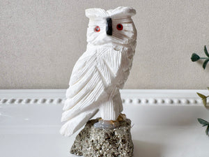 White Calcite Owl on Pyrite Base Small || Peru