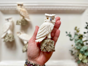 White Calcite Owl on Pyrite Base Small || Peru