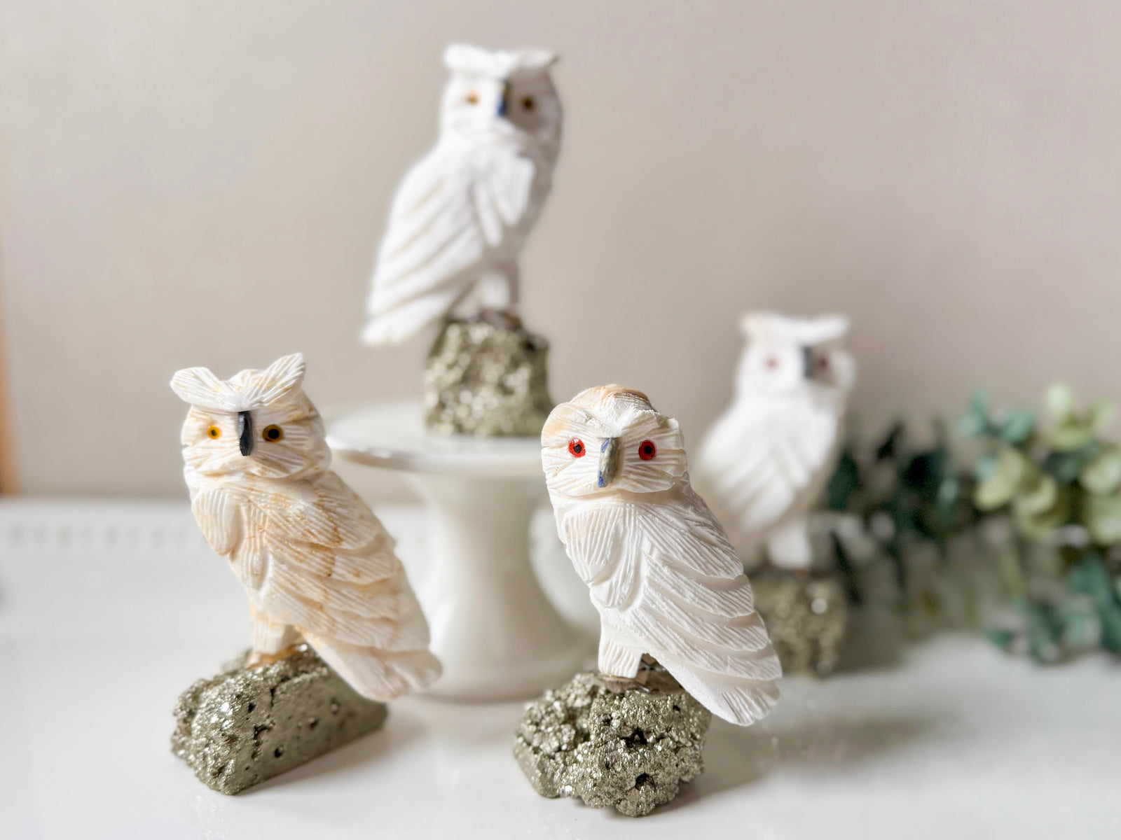 White Calcite Owl on Pyrite Base Small || Peru