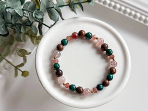 Wild Heart Beaded Bracelet || Strawberry Quartz, Malachite & Ebony Wood || Reiki Infused
