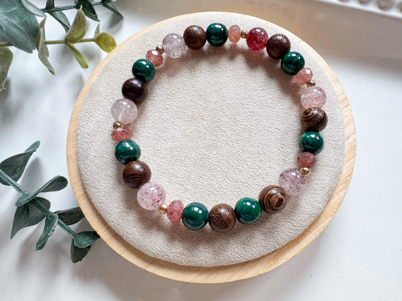 Wild Heart Beaded Bracelet || Strawberry Quartz, Malachite & Ebony Wood || Reiki Infused