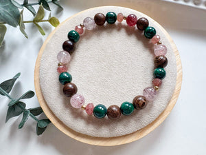 Wild Heart Beaded Bracelet || Strawberry Quartz, Malachite & Ebony Wood || Reiki Infused