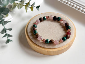 Wild Heart Beaded Bracelet || Strawberry Quartz, Malachite & Ebony Wood || Reiki Infused
