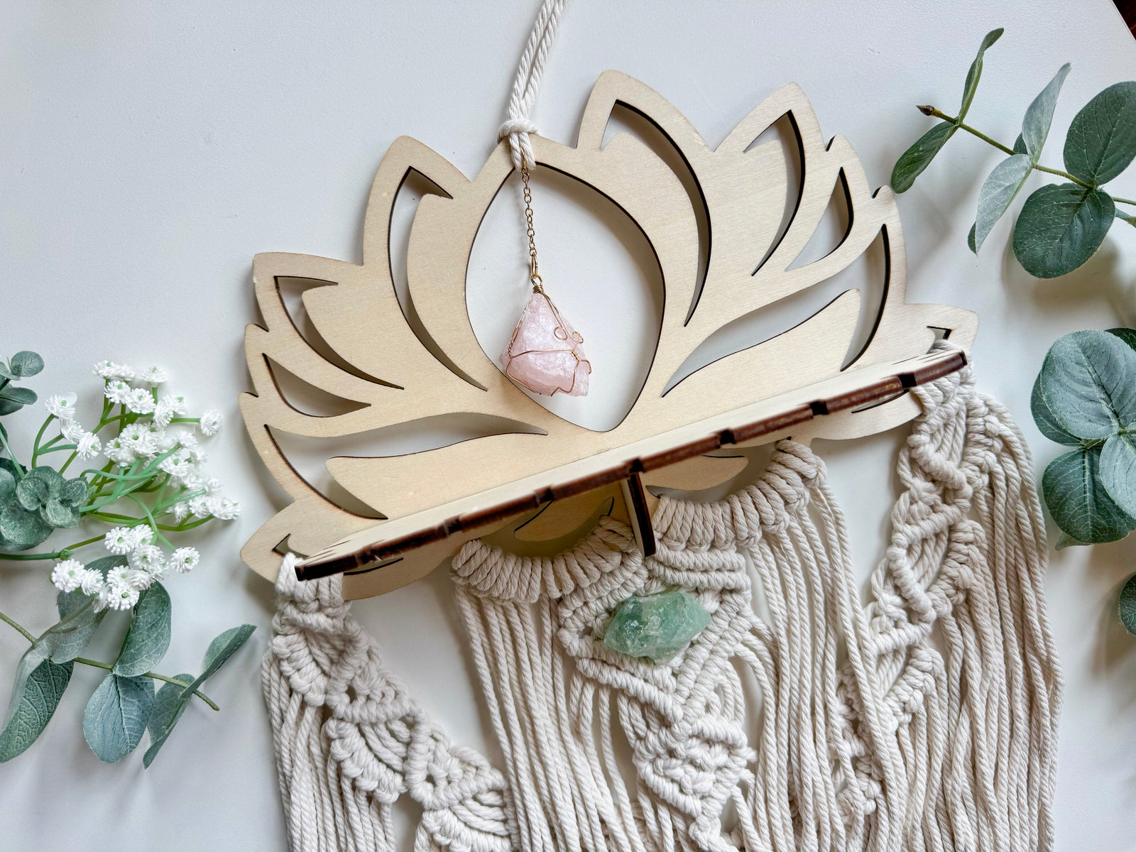 Wood Lotus Macrame Dreamcatcher with Shelf Attachment || Rose Quartz & Fluorite