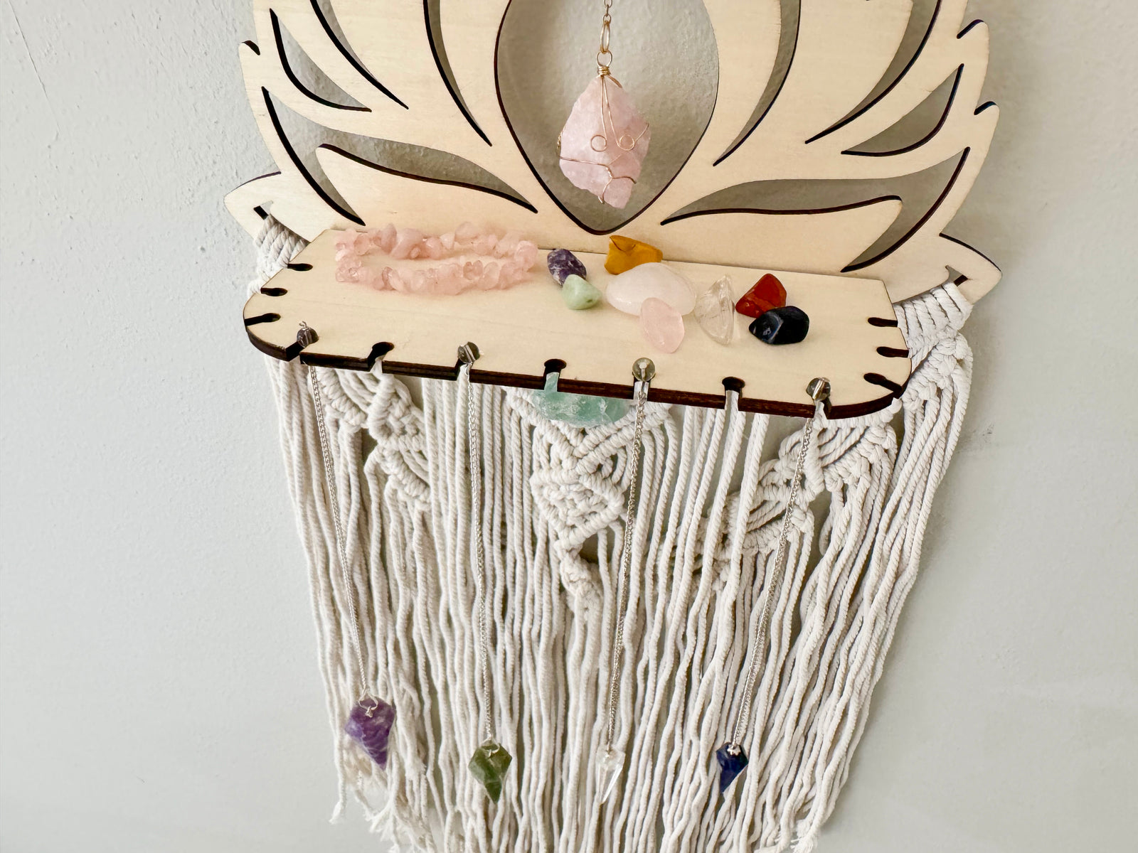 Wood Lotus Macrame Dreamcatcher with Shelf Attachment || Rose Quartz & Fluorite