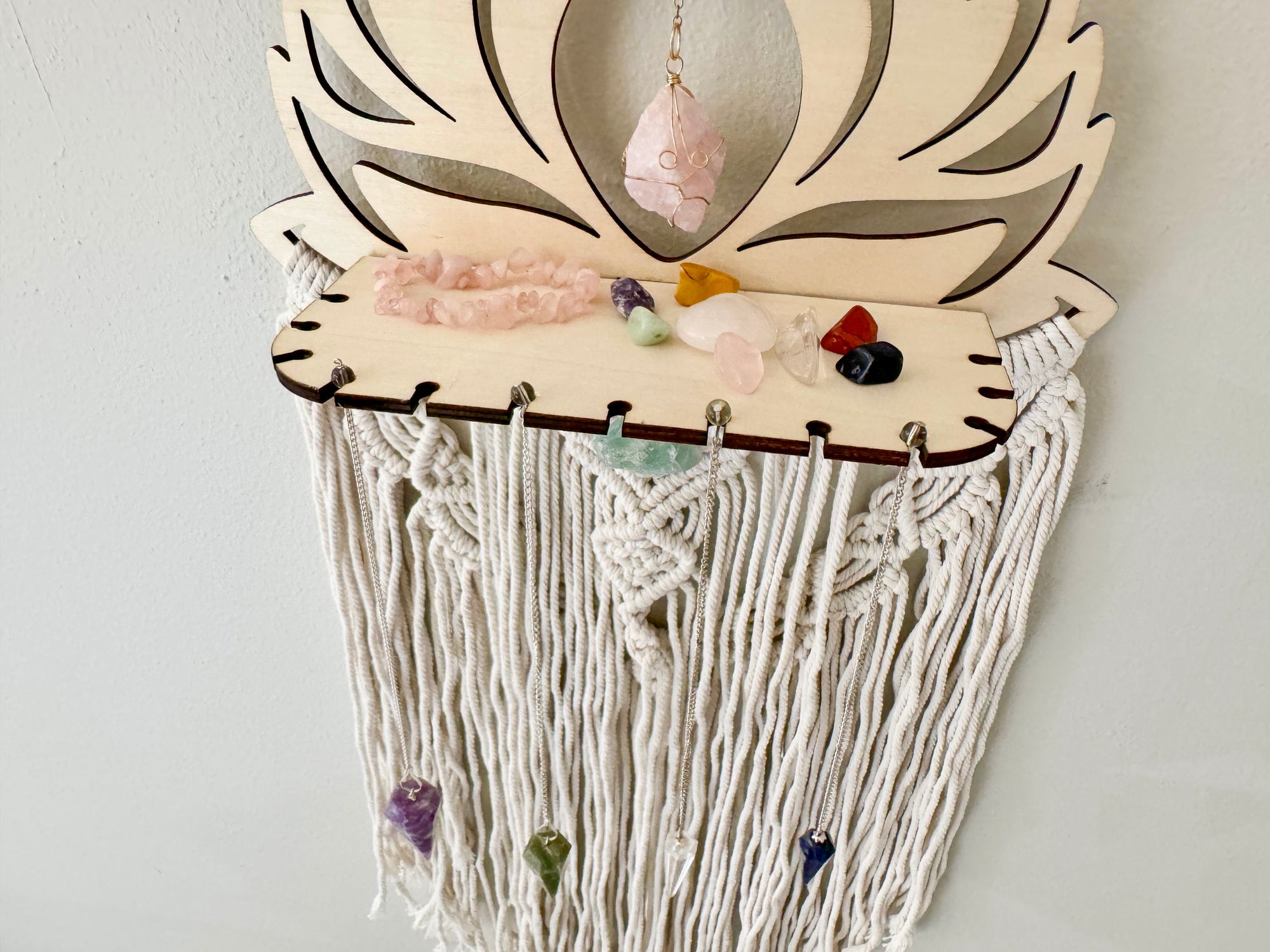Wood Lotus Macrame Dreamcatcher with Shelf Attachment || Rose Quartz & Fluorite