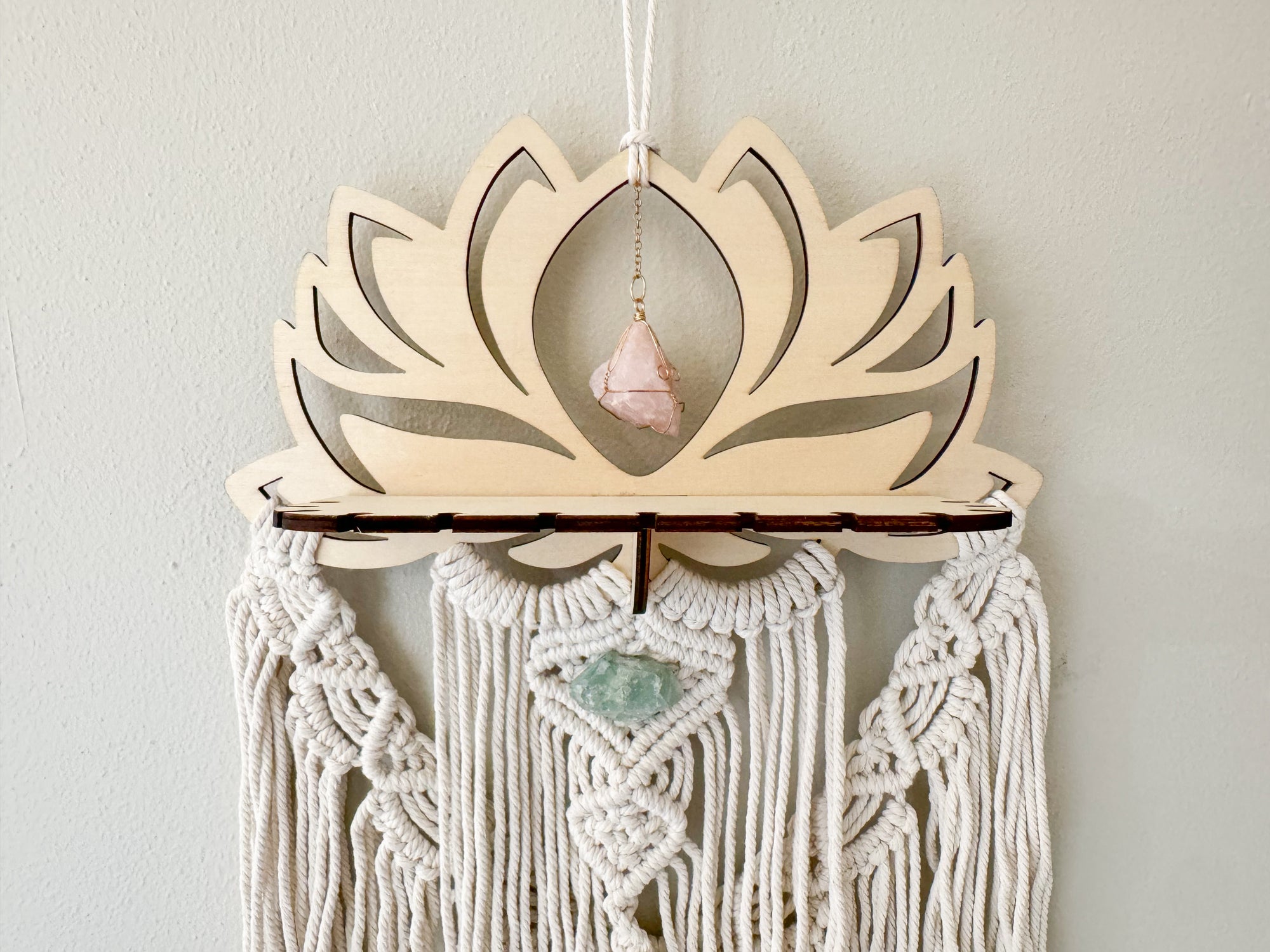 Wood Lotus Macrame Dreamcatcher with Shelf Attachment || Rose Quartz & Fluorite
