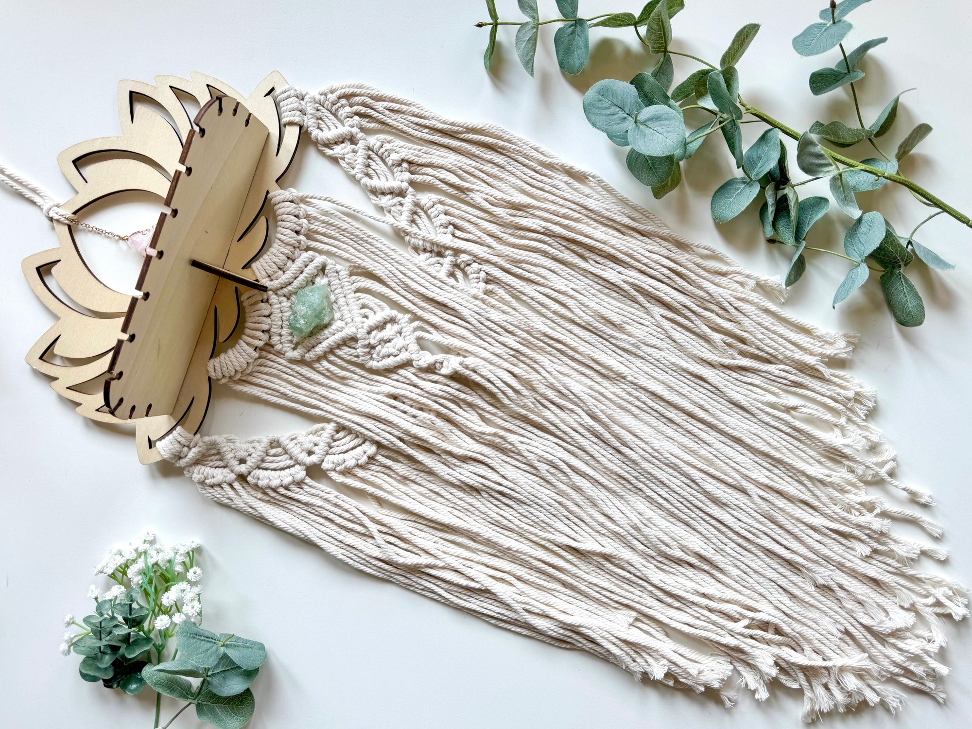 Wood Lotus Macrame Dreamcatcher with Shelf Attachment || Rose Quartz & Fluorite