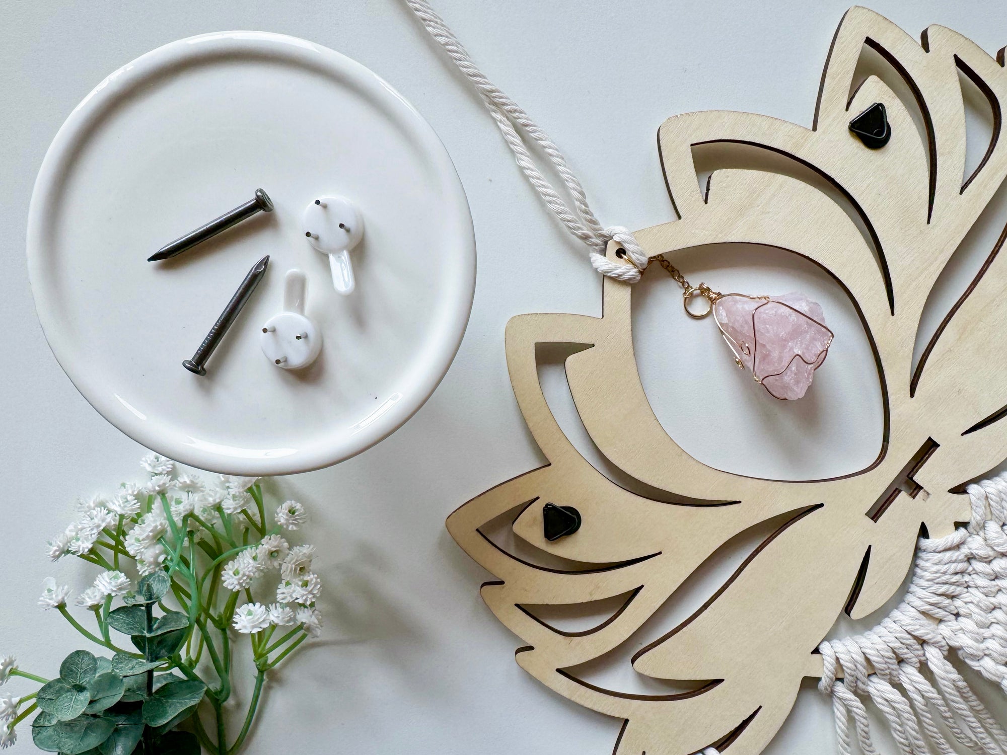 Wood Lotus Macrame Dreamcatcher with Shelf Attachment || Rose Quartz & Fluorite