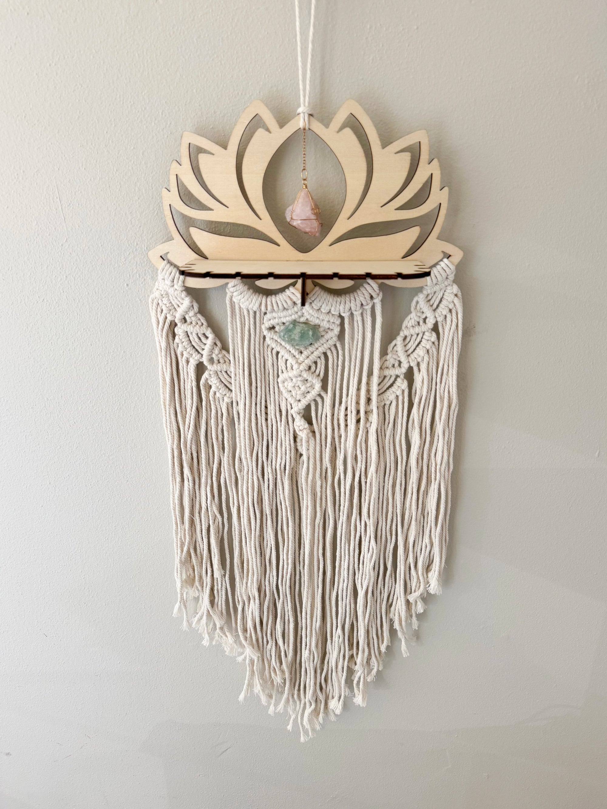 Wood Lotus Macrame Dreamcatcher with Shelf Attachment || Rose Quartz & Fluorite