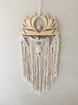Wood Lotus Macrame Dreamcatcher with Shelf Attachment || Rose Quartz & Fluorite