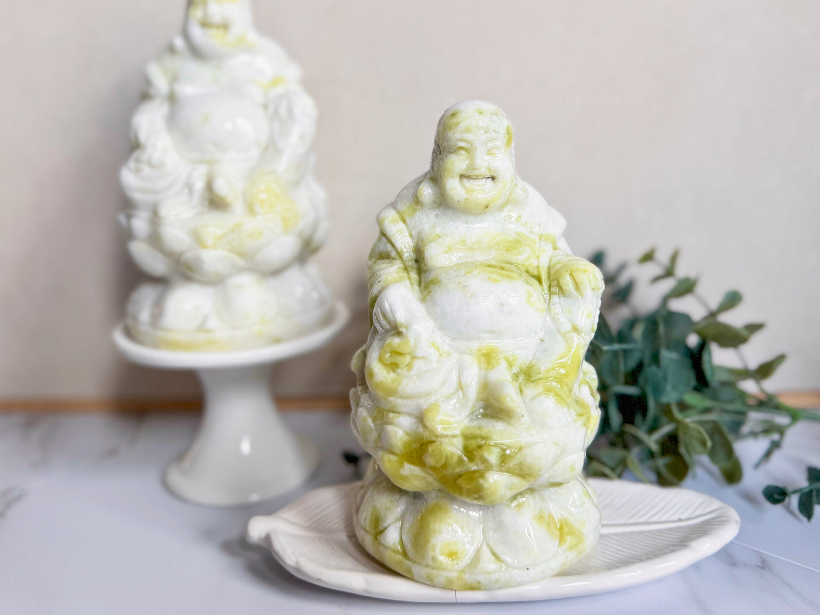 Xiuyan Jade Happy Buddha on Lotus Flower Carving