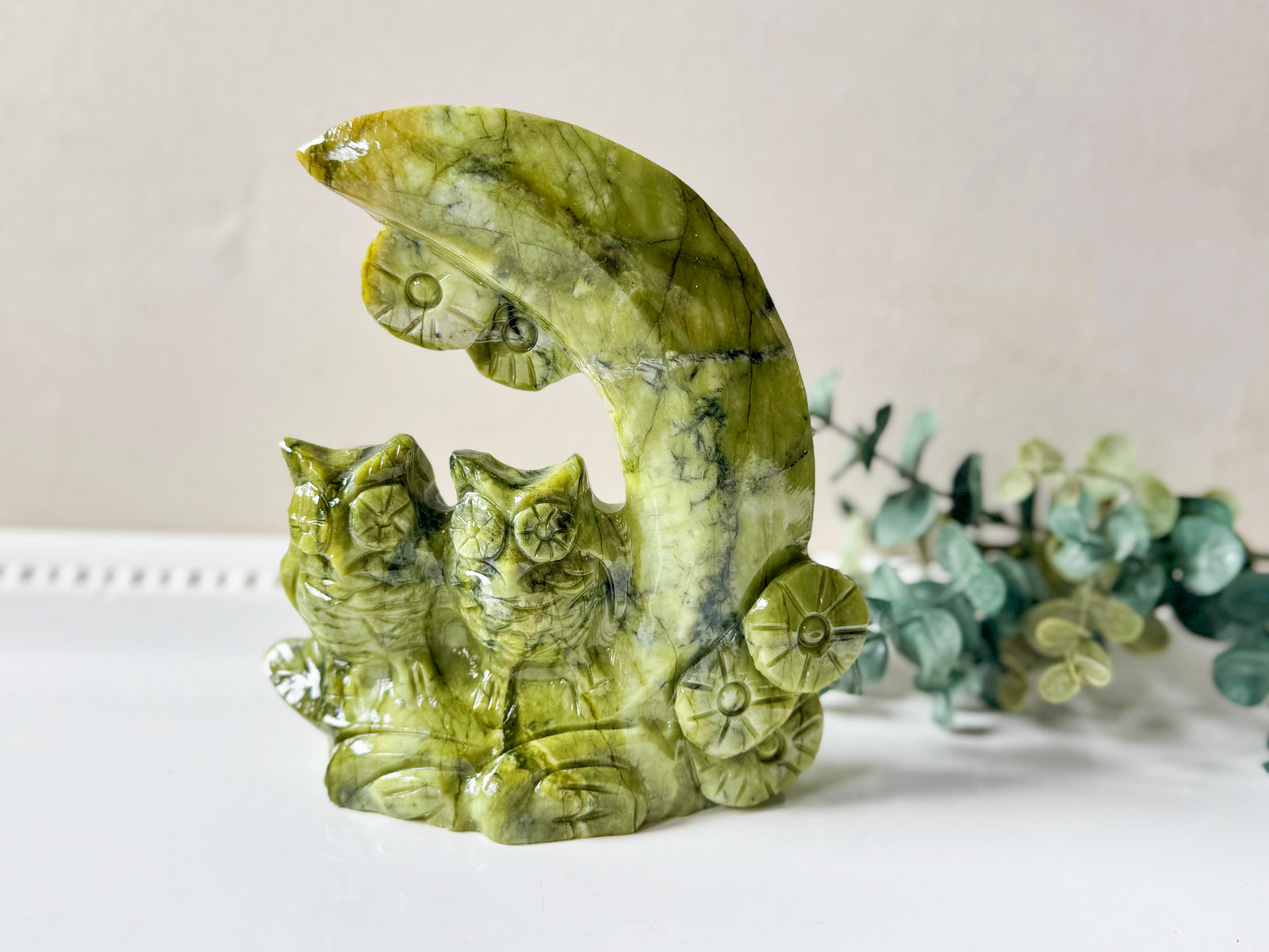 Xiuyan Jade Owl Friends on Crescent Moon Carving