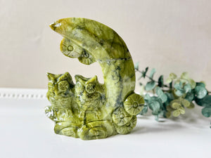 Xiuyan Jade Owl Friends on Crescent Moon Carving