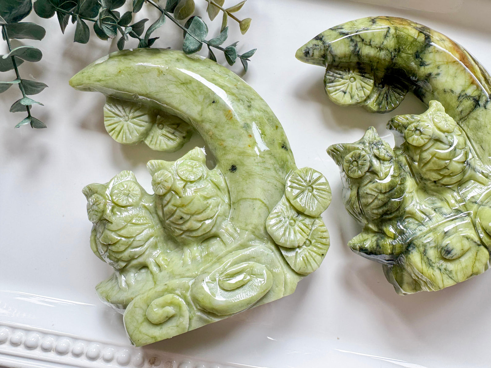 Xiuyan Jade Owl Friends on Crescent Moon Carving