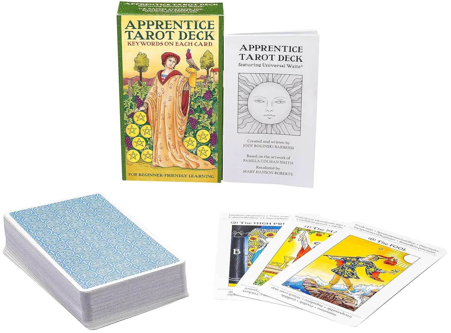 Apprentice Tarot Deck: 78 Cards for Beginners featuring Universal Waite® with Tarot Meanings & Keywords for Easy Learning, Colorful Visual Cues for Divination, Includes 36-Page Instruction Booklet || Jody Boginski Barbessi