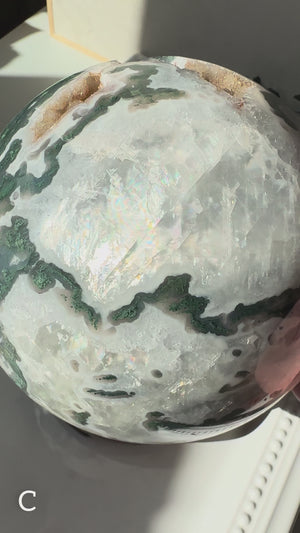 Moss Agate Sphere with Rotating Wood Stand || XL Showpiece