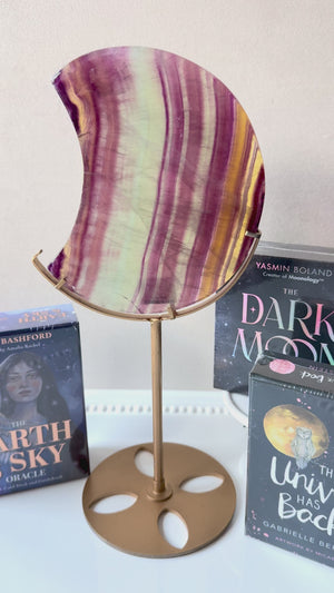Pastel Candy Fluorite Crescent Moon in Metal Stand || Large