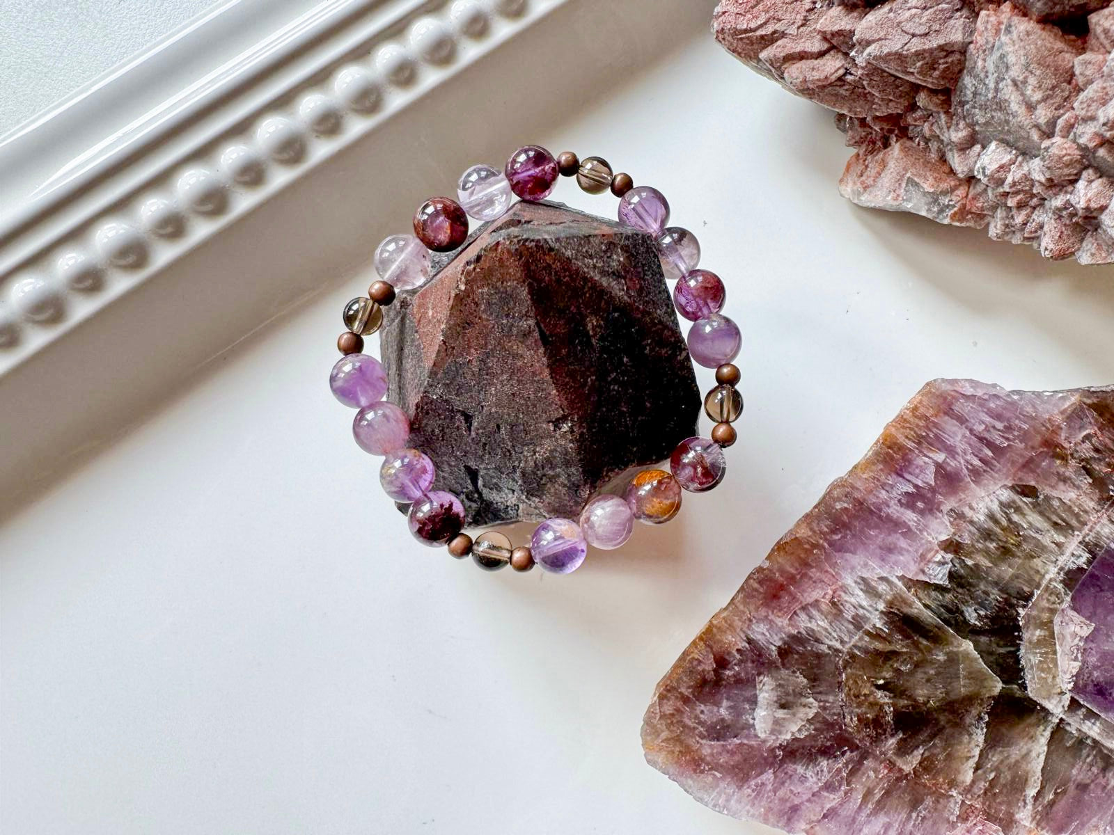 Super 7 & Smoky Quartz Beaded Bracelet - Smooth Design