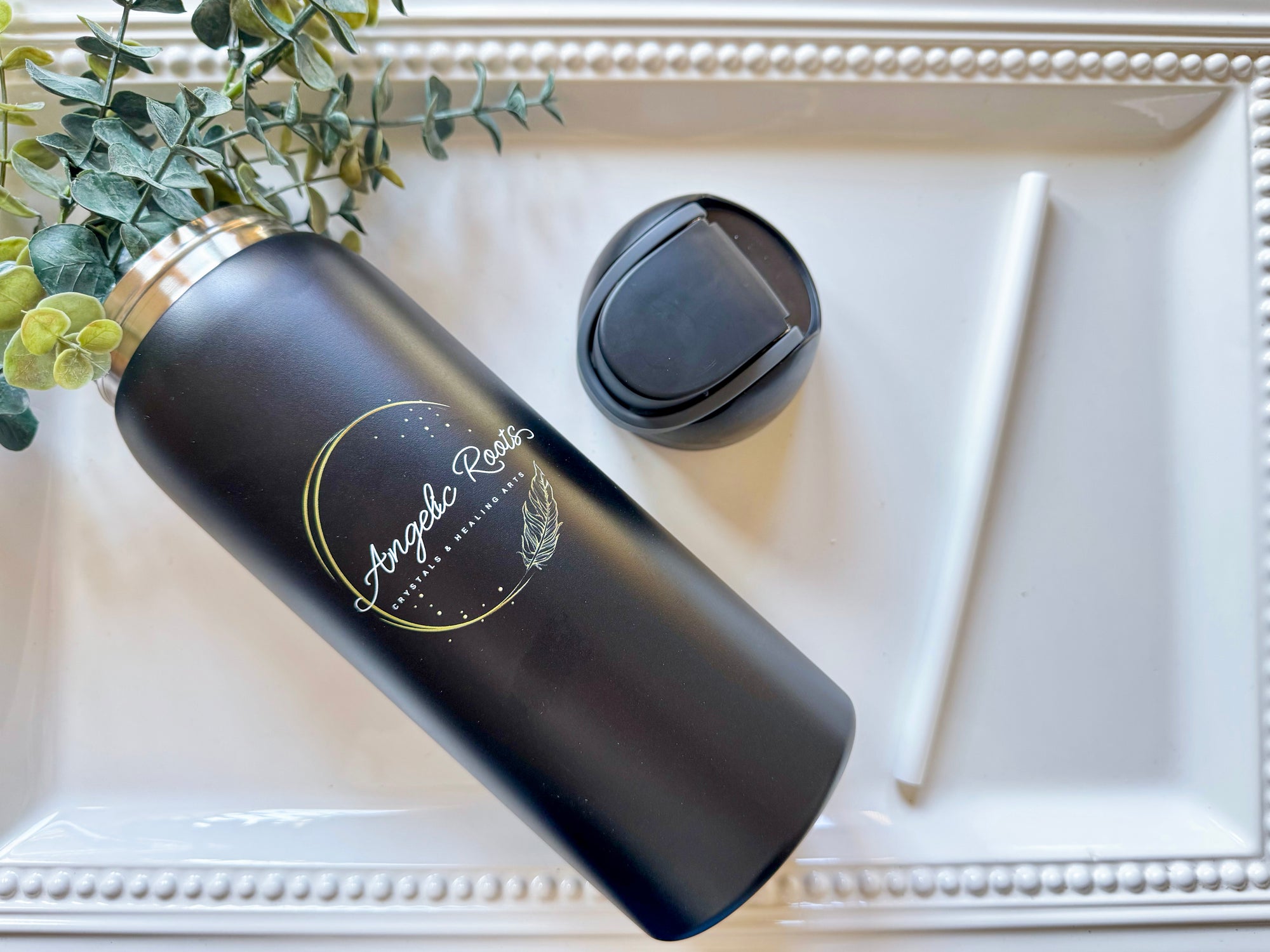 Angelic Roots Engraved Water Bottle || Black