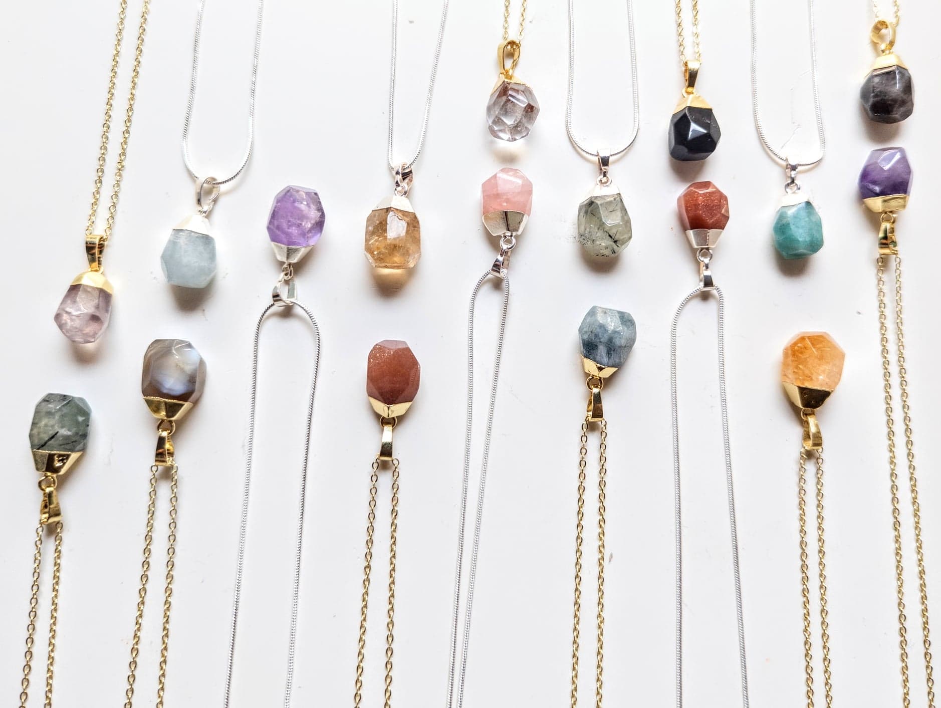Faceted Crystal Drop Necklaces in Gold and Silver