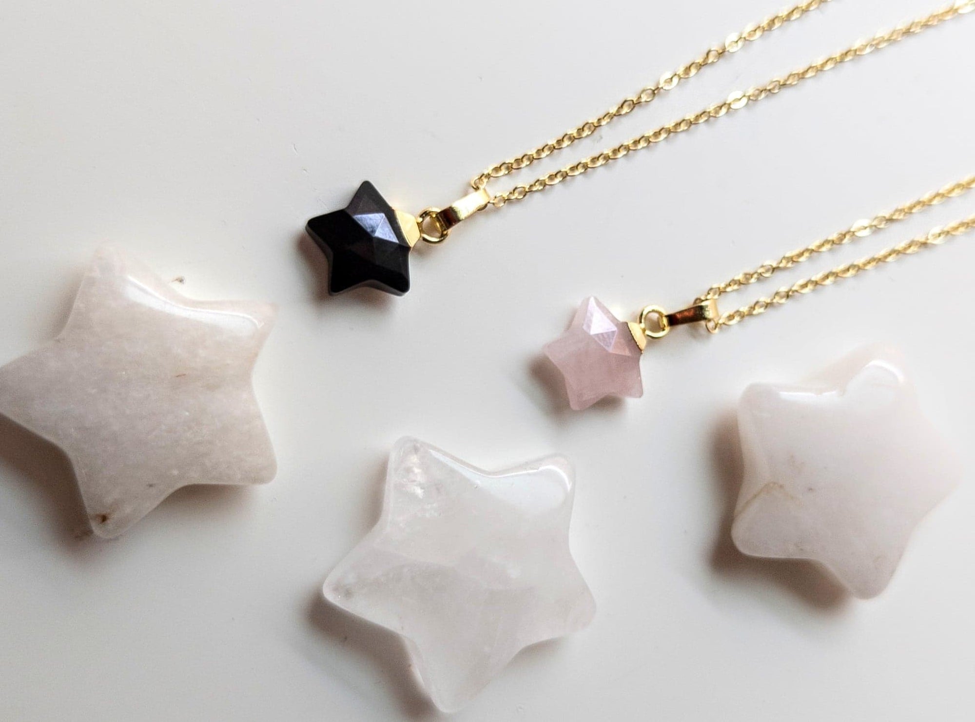 Crystal Star Dainty Necklace || Gold - Obsidian and Rose Quartz