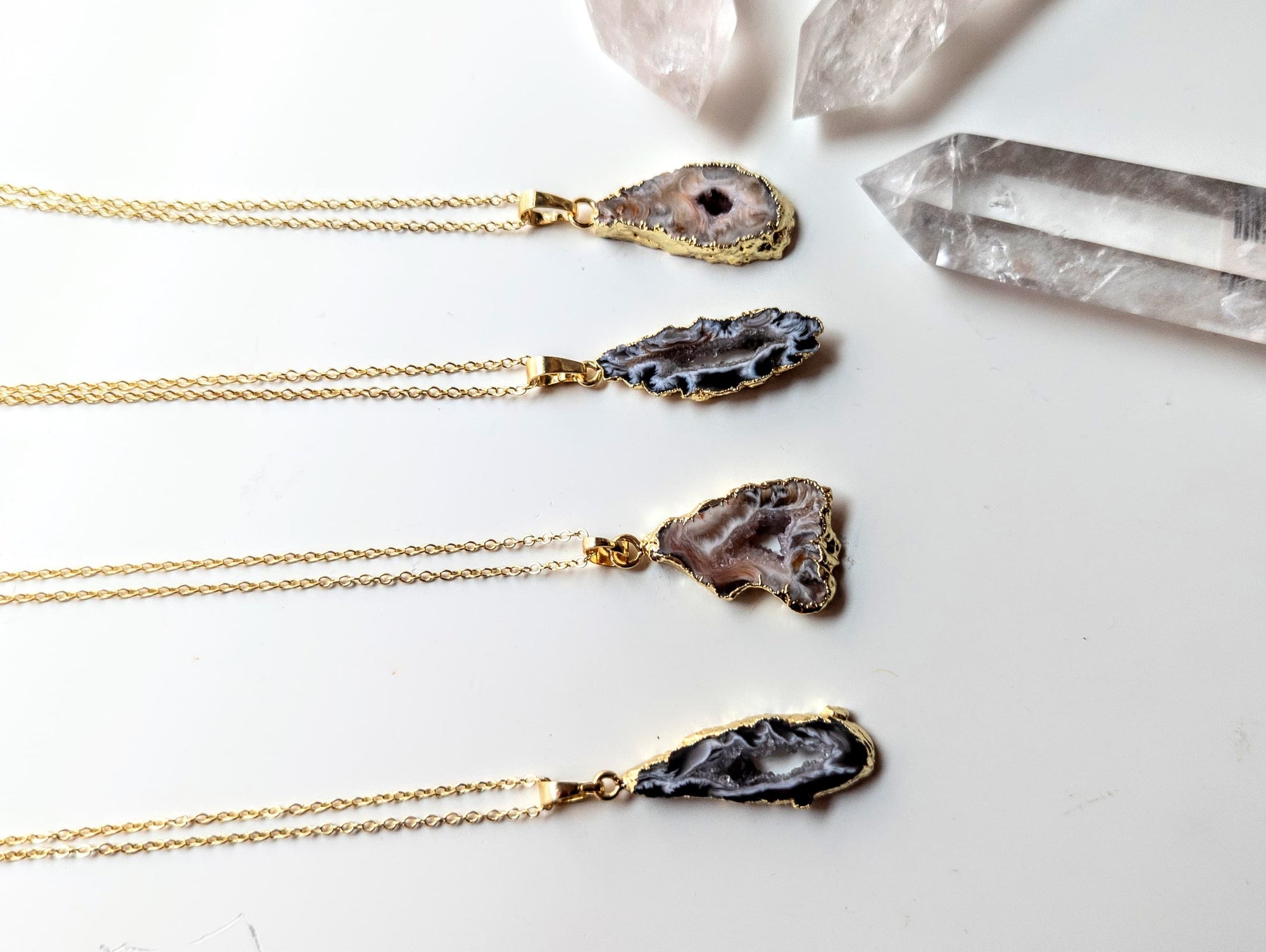 Druzy Agate Geode Slice Necklace || Gold